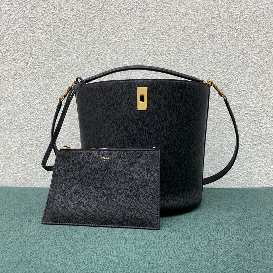 Celine Bucket 16 Grained Calfskin Handbag Shoulder Bag Black 195573